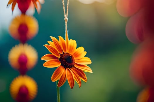 a single orange sunflower hanging from a string. AI-Generated photo