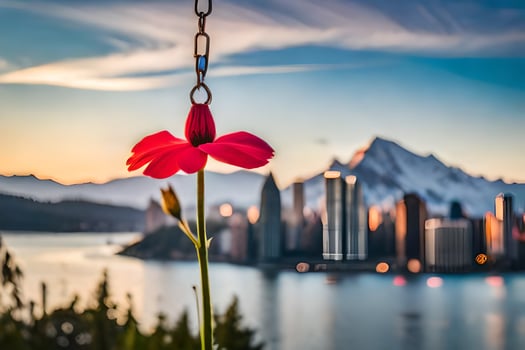 a red flower is hanging from a chain in front of a city. AI-Generated photo