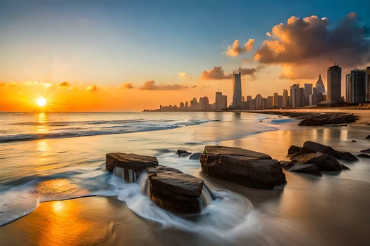the sun rises over the city skyline in dubai. AI-Generated photo