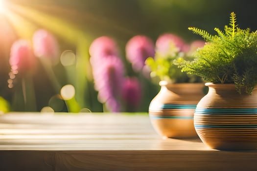 two vases with plants on a table. AI-Generated photo