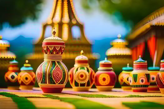 colorful vases on the grass in front of a temple. AI-Generated photo