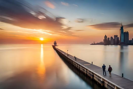 two people walk along a pier at sunset. AI-Generated photo