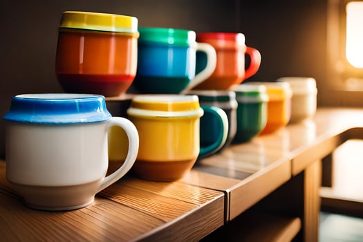 colorful coffee mugs on a wooden shelf. AI-Generated photo