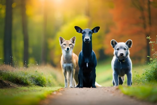 three dogs standing on a path in the woods. AI-Generated photo