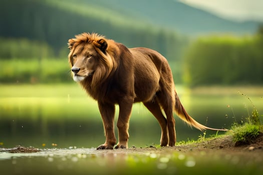 a lion standing in front of a lake. AI-Generated photo