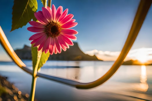 a pink flower is sitting on a metal pole in front of the ocean. AI-Generated photo