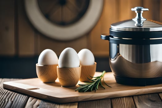 an egg cooker with four eggs on a cutting board. AI-Generated photo