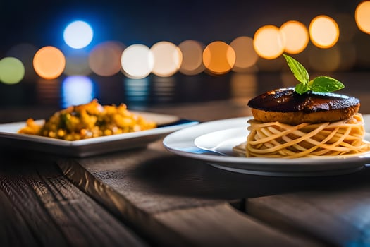 a plate of spaghetti and a fish on a wooden table. AI-Generated photo
