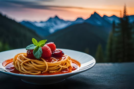 a plate of spaghetti with strawberries and basil leaves. AI-Generated photo