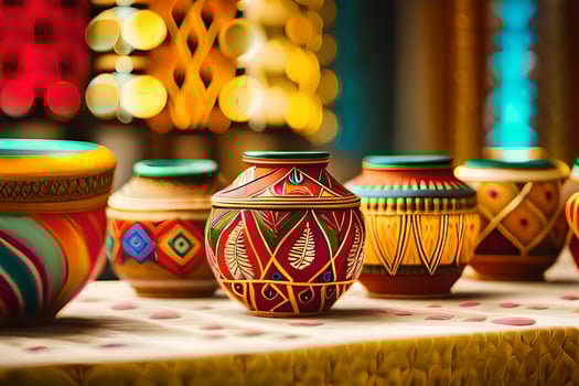 colorful pottery on display in a shop. AI-Generated photo