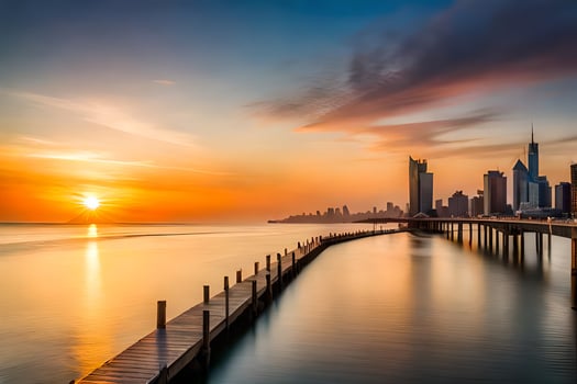 the sun rises over the city skyline in dubai. AI-Generated photo