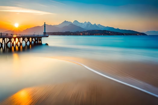 a pier with mountains in the background. AI-Generated photo