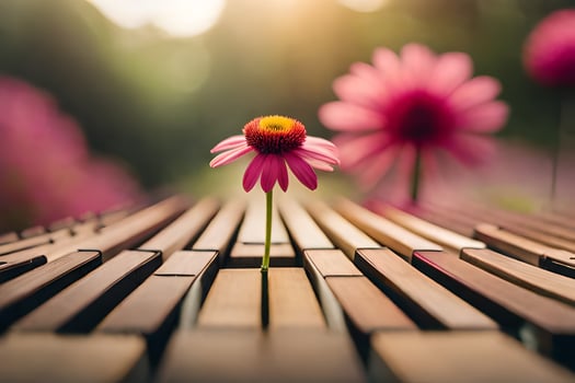 a flower sits on top of a wooden bench. AI-Generated photo