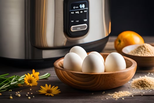 eggs in a bowl next to an electric pressure cooker. AI-Generated photo