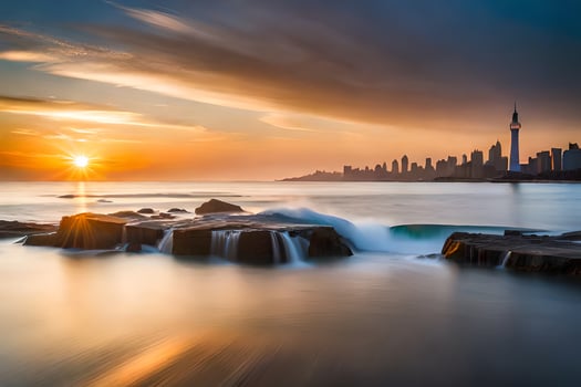 the sun rises over the city skyline in this photo. AI-Generated photo