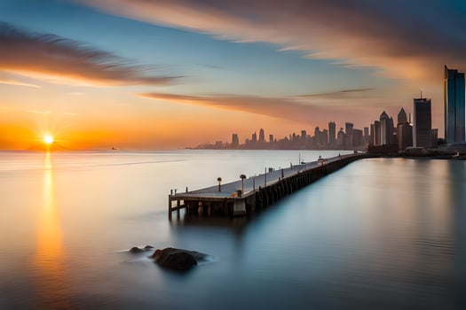 the sun rises over the city skyline in dubai. AI-Generated photo