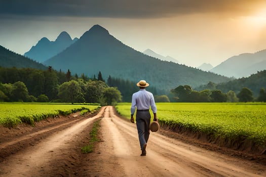 a man walking down a dirt road in front of a green field. AI-Generated photo