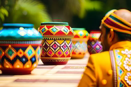 a man in colorful clothing sitting next to colorful pots. AI-Generated photo