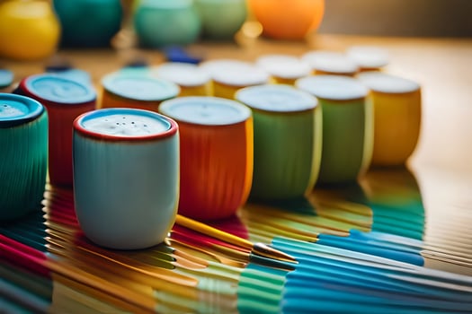 colorful cups and bowls lined up on a table. AI-Generated photo