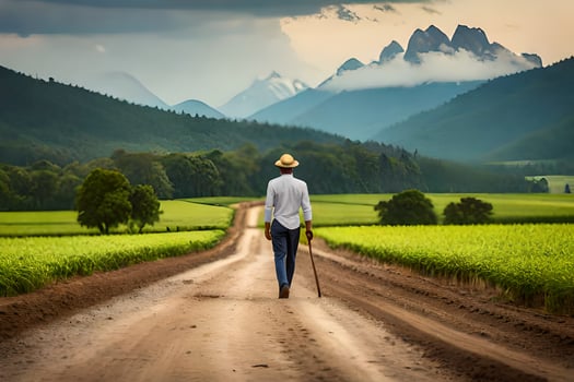a man walking down a dirt road with mountains in the background. AI-Generated photo