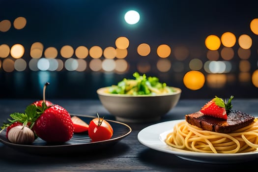 a plate of spaghetti and strawberries on a table with a view of the city. AI-Generated photo