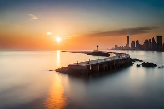 a long exposure photograph of a pier in front of a city skyline. AI-Generated photo