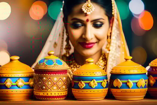 a woman in traditional indian dress is holding colorful pots. AI-Generated photo