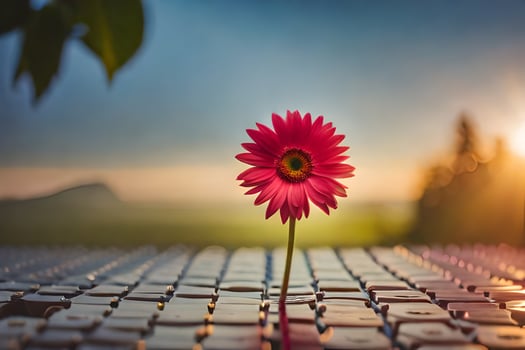 a single pink flower sits on top of a keyboard. AI-Generated photo