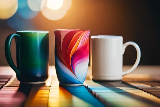 three colorful coffee mugs on a table. AI-Generated photo