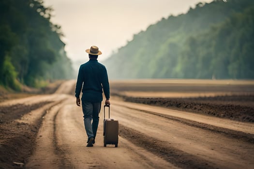 man walking on a dirt road with suitcase. AI-Generated photo