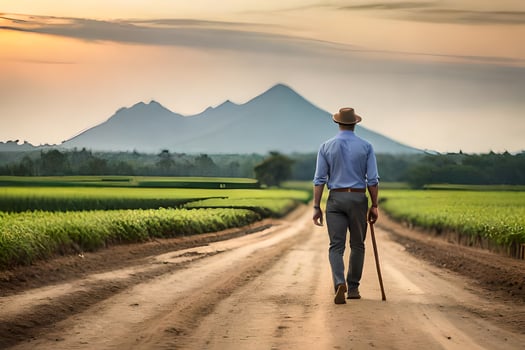 a man walking down a dirt road with a cane. AI-Generated photo