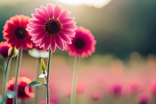 pink flowers in a field with sun shining. AI-Generated photo