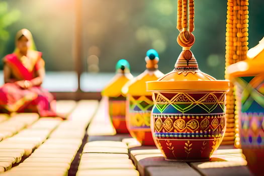 colorful pots and bowls sit on a wooden deck. AI-Generated photo
