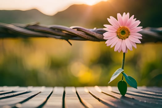a single pink flower sits on a wooden bench. AI-Generated photo