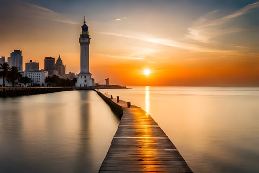 the sun sets over a city skyline and a lighthouse. AI-Generated photo