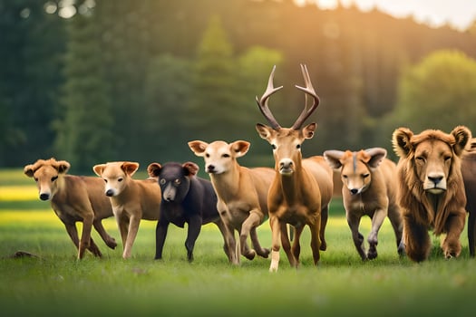 a herd of deer running in the grass. AI-Generated photo