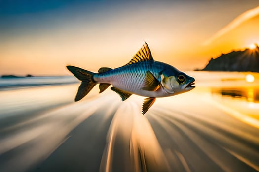 a fish jumping out of the water at sunset. AI-Generated photo