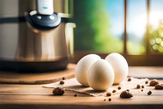 eggs on a table next to a coffee maker. AI-Generated photo