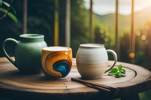 two coffee mugs on a wooden table with a view of the mountains. AI-Generated photo