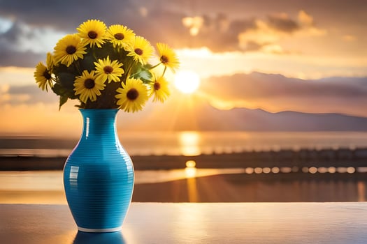 sunflowers in a blue vase on the table. AI-Generated photo