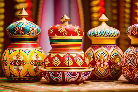 colorful painted pots on display in a shop. AI-Generated photo