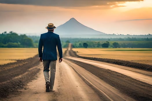 a man in a suit and hat walks down a dirt road. AI-Generated photo
