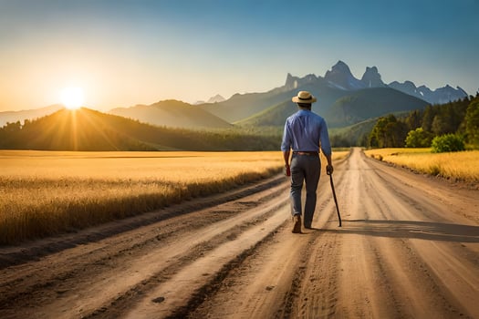 a man walking on a dirt road with a cane. AI-Generated photo