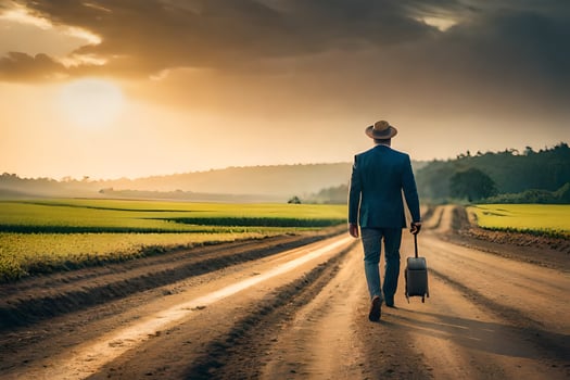 a man in a suit and hat walking down a dirt road. AI-Generated photo
