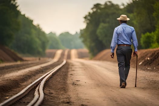 a man walking down a dirt road with a cane. AI-Generated photo