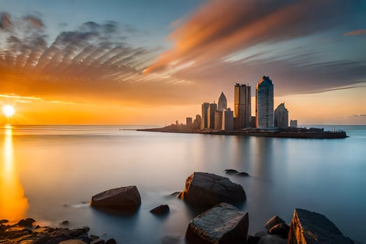 the sun sets over the city skyline in dubai. AI-Generated photo