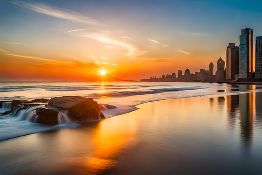 the sun sets over the city skyline in dubai. AI-Generated photo