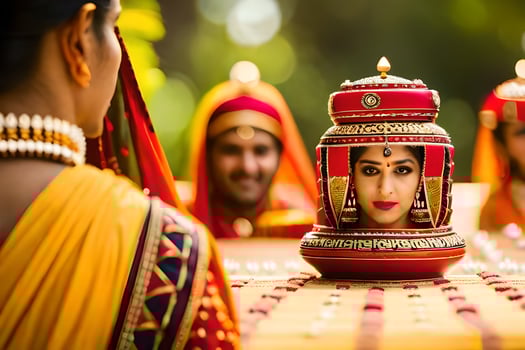 a woman in traditional indian dress is looking at a pot. AI-Generated photo