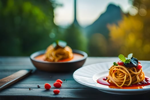 spaghetti with tomato sauce and red berries on a plate. AI-Generated photo