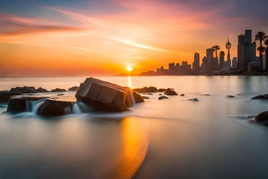 the sun sets over the city skyline in kuwait. AI-Generated photo